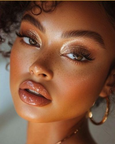 Look de ojos con sombra cobre, labios glossy en tonos nude y glass skin