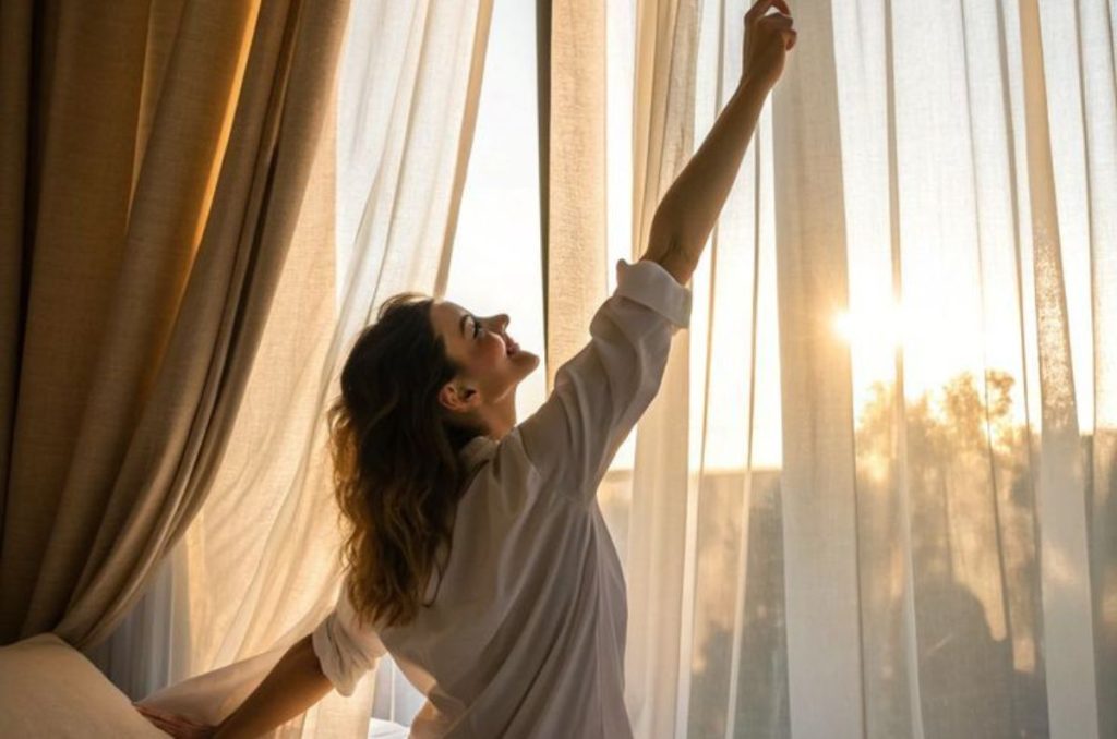 Mujer estirandose frente a su ventana por a la luz del sol por la mañana