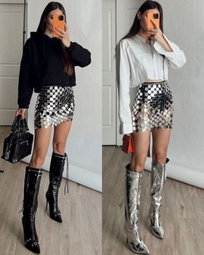 Falda de lentejuelas con sudadera negra o camisa de botones blanca y botas altas