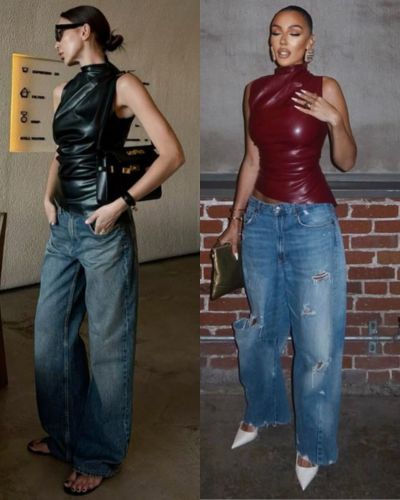 Looks de pantalones baggy y top de cuero