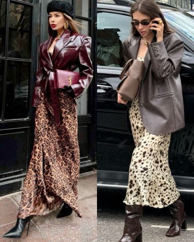 Outfits para signo Escorpio: chaqueta de cuero + vestido animal print