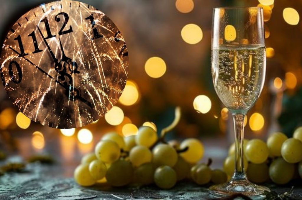 Copa de champagne, racimo de uvas verdes y reloj que marca las 12