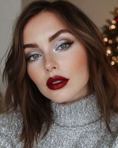 Look de Navidad con sombras de ojos con tonos plateados