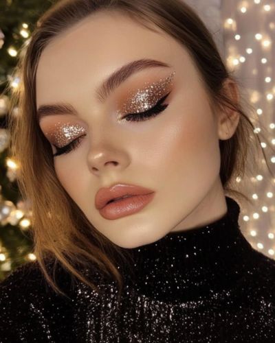 Maquillaje navideño con glitter sobre sombras neutras