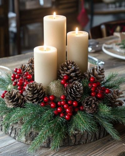 Decoración navideña con piñas y vegetación artificial