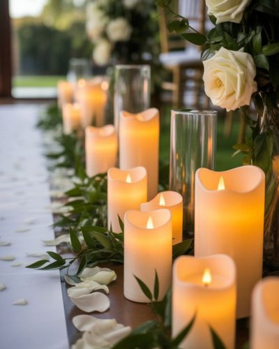 Camino de mesa con velas y vegetación