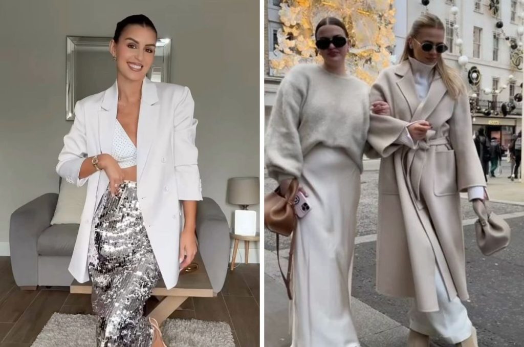 Mujer con blazer cloud dancer y falda de lentejuela con mujeres con abrigos en tono blanco suave