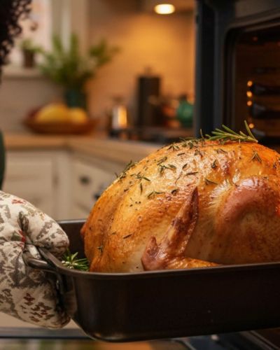 Sacando pavo del horno