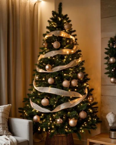Árbol de Navidad con adornos metálicos en la sala