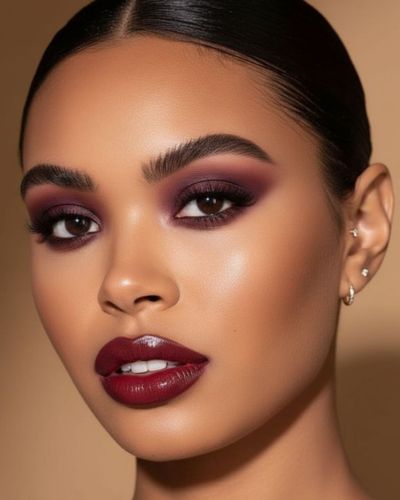 Maquillaje dramático con labial ciruela