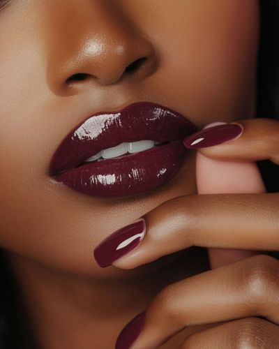 Labial oscuro con el acabo glossy