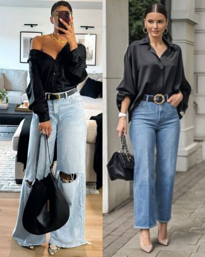 Jeans claros + blusa satinada negra 