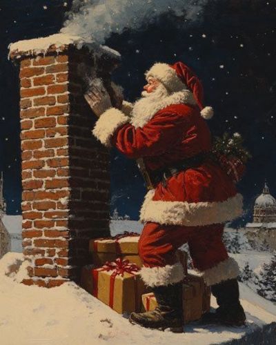 Santa Claus bajando por la chimenea para dejar los regalos de Navidad