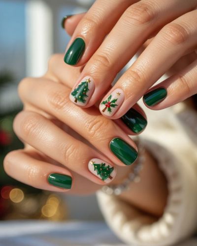 Uñas cortas con árboles de Navidad