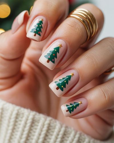 Uñas nude con árboles de Navidad 