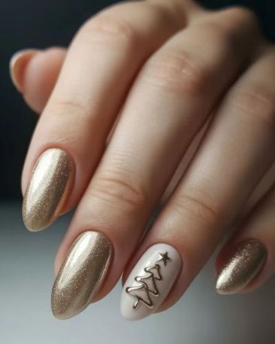 Uñas doradas con árbol de Navidad