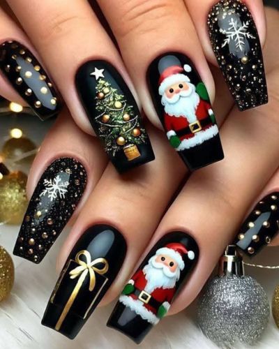 Uñas negras con dibujo de Santa Claus