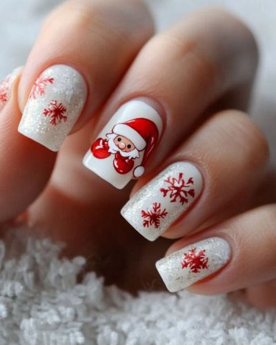 Uñas blancas con Santa Claus rojo 