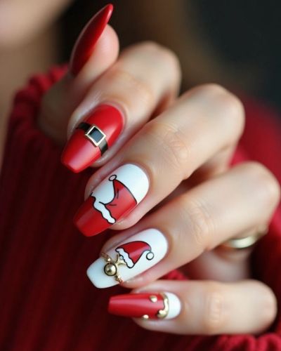 Uñas con traje de Papá Noel 