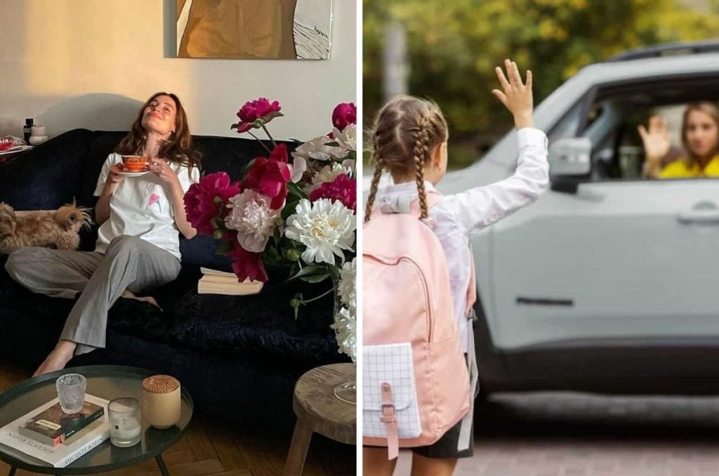 Dos fotos. En la primera una mujer recostada en la sala de su hogar con una taza de té o café en la mano. La segunda una niña saludando desde afuera a una mujer en una camioneta color gris