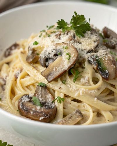 Foto en primer plano de plato con pasta con champiñones