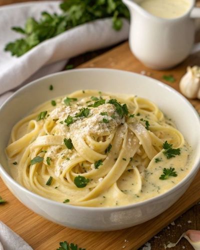 Foto en primer plano de plato con pasta Alfredo