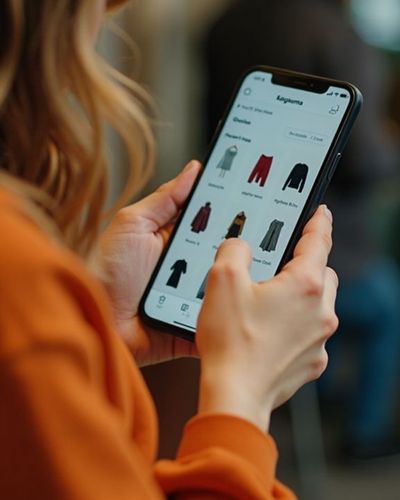 Foto de mujer con blusa naranja, con celular en mano comprando en tienda en línea. Cómo identificar ofertas reales