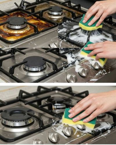 Eliminar cochambre de la estufa con esponja y limpiador sin dañar la superficie