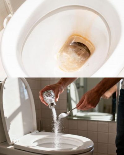 Sarro acumulado en el fondo del inodoro antes de aplicar un método para quitar sarro del inodoro sin cloro
