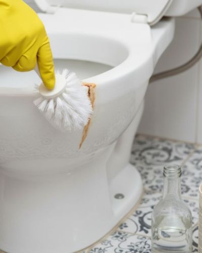 Sarro acumulado en el fondo del inodoro antes de aplicar un método para quitar sarro del inodoro sin cloro