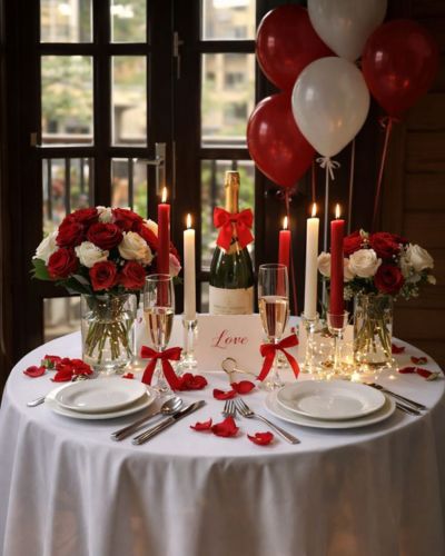 Decoración del 14 de febrero con flores naturales, moños y globos