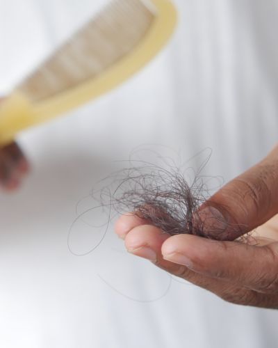 Mano sosteniendo un mechón de cabello frente a un cepillo desenfocado.