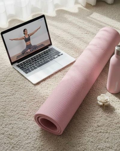 Foto en primer plano de mat en color rosa enrollado, con una computadora portátil y vaso