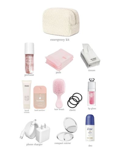 Foto en blanco con elementos femeninos: kit de emergencia para niñas