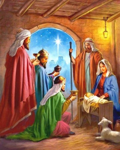 Melchor, Gaspar y Baltazar llevando regalos al niño Jesús