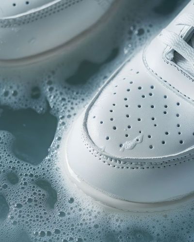 Foto en primerisimo plano de tenis blancos sobre agua