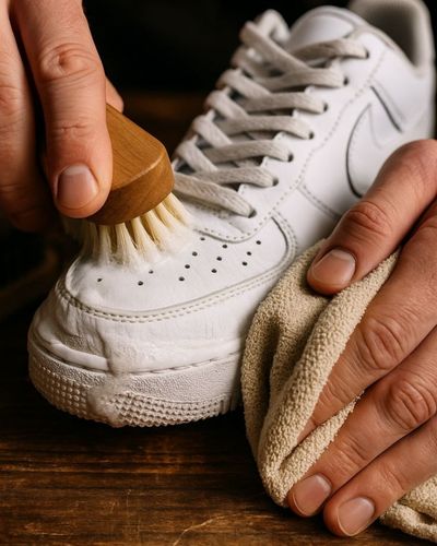 Foto en primerisimo plano de limpieza de calzado en seco 