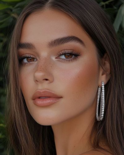 Maquillaje soft power con piel luminosa, cejas naturales definidas y labios nude que proyectan elegancia y seguridad.