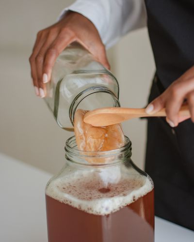 Preparación casera de kombucha vertiendo el SCOBY en un frasco con té fermentado.
