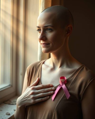 Mujer con lazo rosa en el pecho mirando hacia la ventana, símbolo de concientización sobre el cáncer de mama.