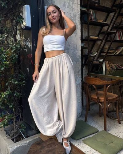 Look con balloon pants en color neutro 