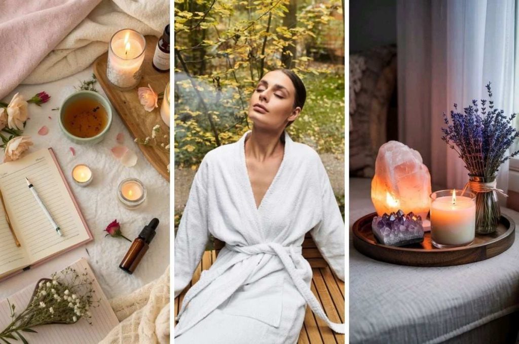 Ritual de autocuidado con vela aromática, journaling y aromaterapia para reconectar contigo y reducir el estrés.