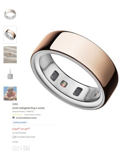 Captura de pantalla de tienda en línea con el OURA Ring 4: anillo inteligente unisex con acabado metálico, alternativa al smartwatch.