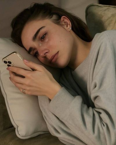 Foto de mujer viendo el teléfono mientras llora porque su casi algo la dejo en visto