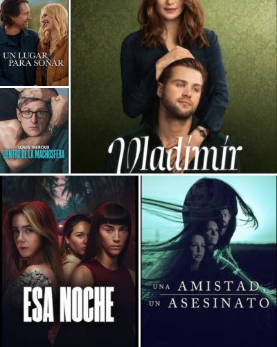 Collage de estrenos de Netflix en marzo 2026: Vladimir, Un lugar para soñar, Esa noche, Una amistad, un asesinato y Louis Theroux: Dentro de la machosfera.