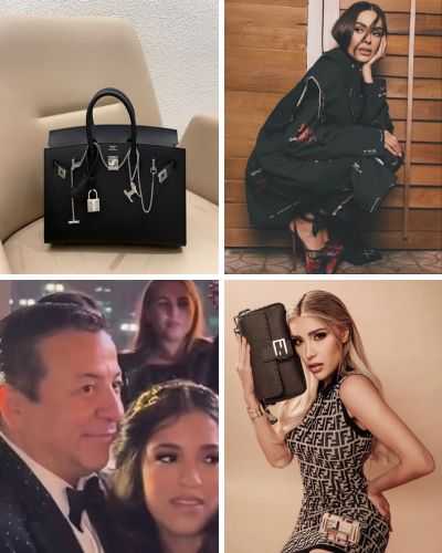 Belinda, bolsa Hermès Birkin negra y Mafer junto a su papá en su fiesta de XV años.