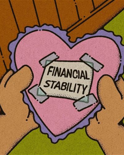 Ilustración de un corazón rosa sostenido por manos con el mensaje “Financial Stability” al centro.