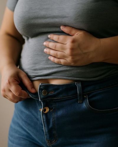 Mujer tocando su abdomen con ropa ajustada, síntoma asociado a síndrome de ovario poliquístico o cambios hormonales.