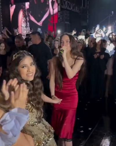 Mafer, la quinceañera viral, durante el show musical en su fiesta con artista invitada.