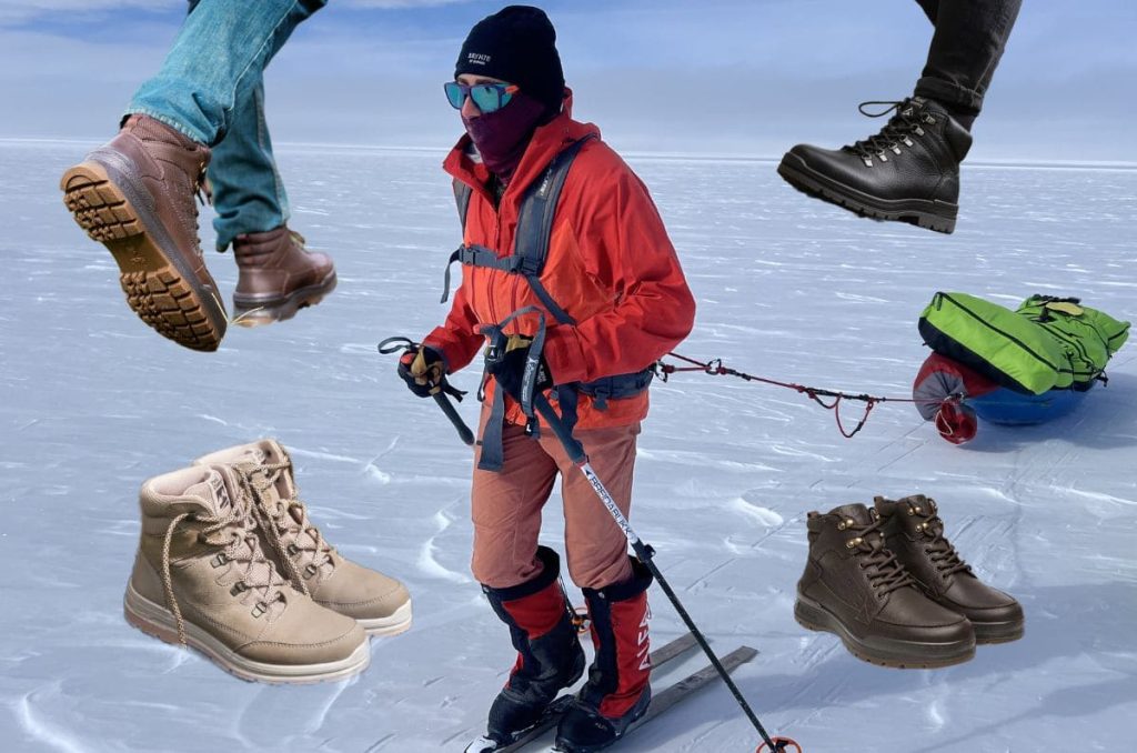 Andrea Dorantes en expedición polar con botas tipo outdoor y calzado Flexi Country en composición sobre hielo